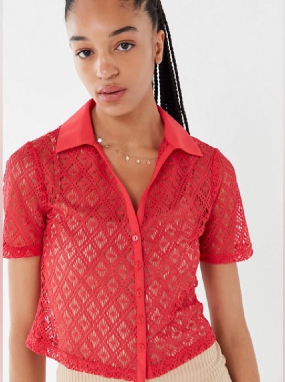 Red Lace Crochet Short-Sleeve Button Front Top